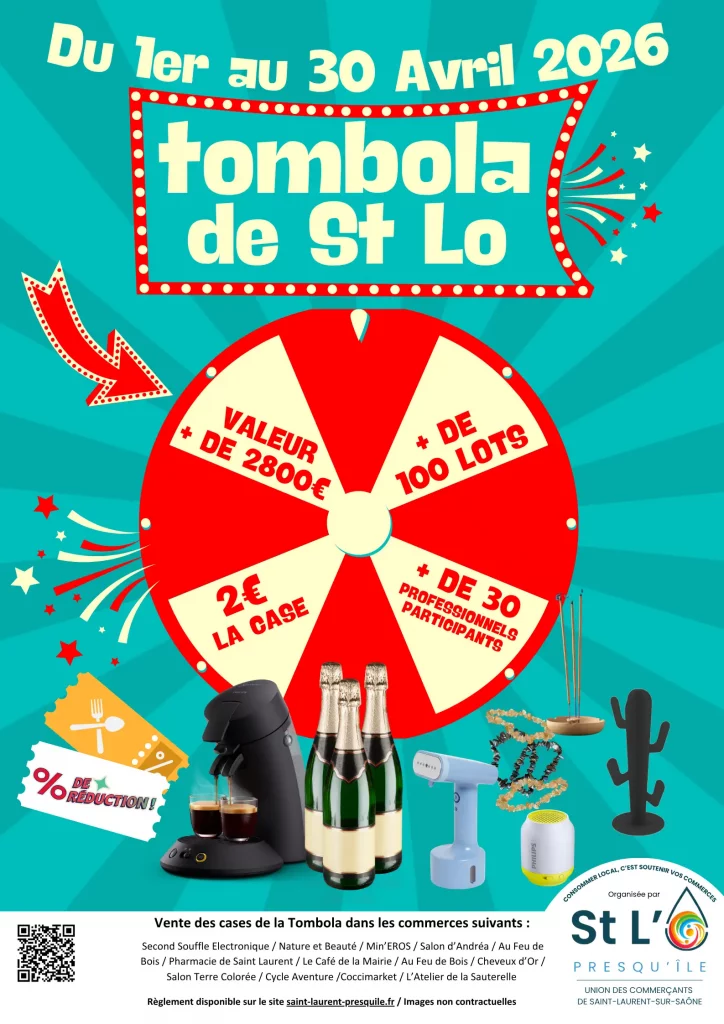 Affiche de tombola du 1er au 30 avril 2026 pour Saint-Lô, avec une roue des gains, lots à gagner et commerces participants.