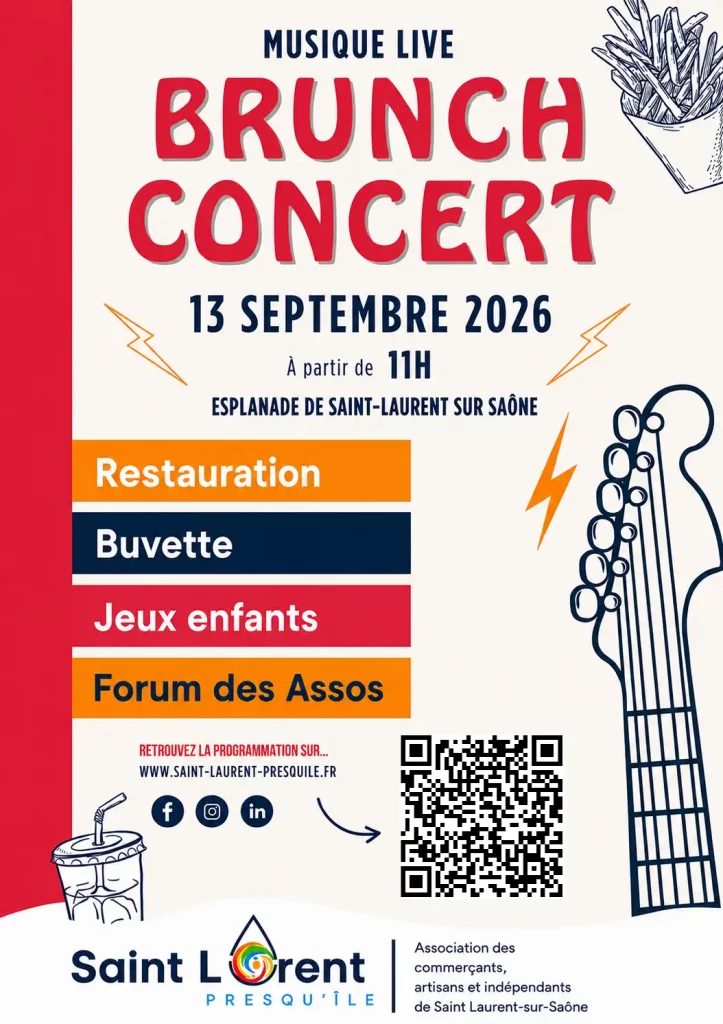 Affiche de concert 'Brunch Concert Musique Live' le 13 septembre 2026 à partir de 11h sur l'Esplanade de Saint-Laurent sur Saône. L'affiche mentionne restauration, buvette, jeux enfants et forum des associations.