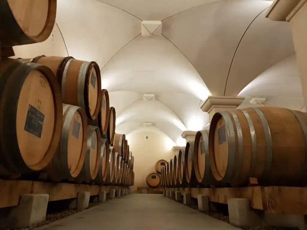Intérieur d'une cave à vin voutée avec des rangées de fûts de chêne alignés sur des étagères en bois