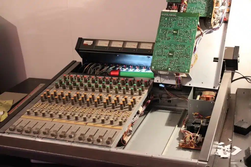 Table de mixage audio ouverte, révélant ses composants internes tels que des circuits imprimés verts, des fils colorés et des potentiomètres.