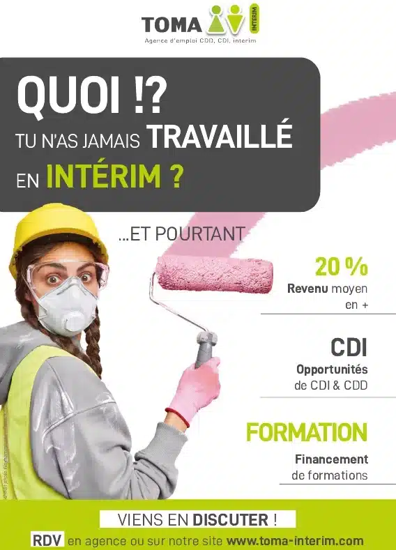 Publicité pour Toma Intérim : une femme peinte avec casque et masque, proposant des opportunités d'emploi en intérim, CDI, CDD et formations.